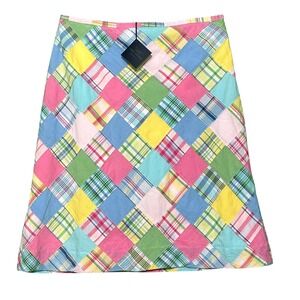 Brooks Brothers 346 Madras Skirt Diagonal Patchwork Preppy A-Line Cotton 12 NWT
